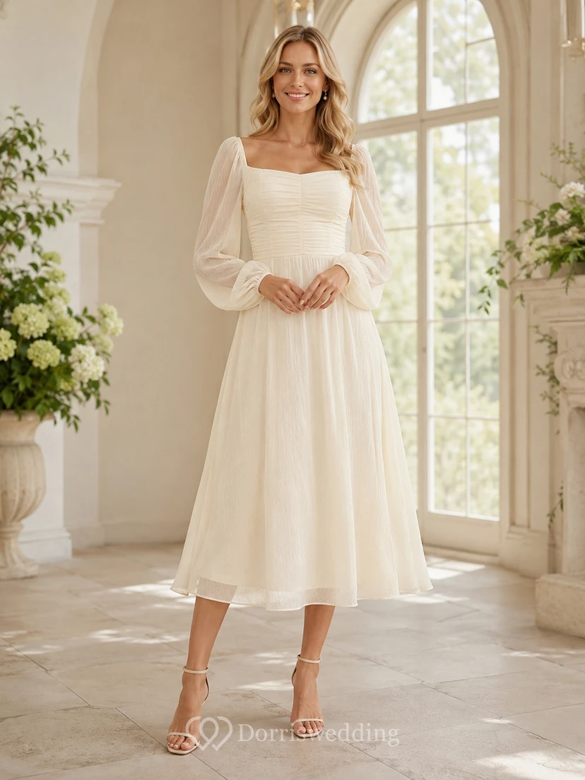 Robe de mariée civile simple à manches carrées de poète, plissée en mousseline, longueur thé
