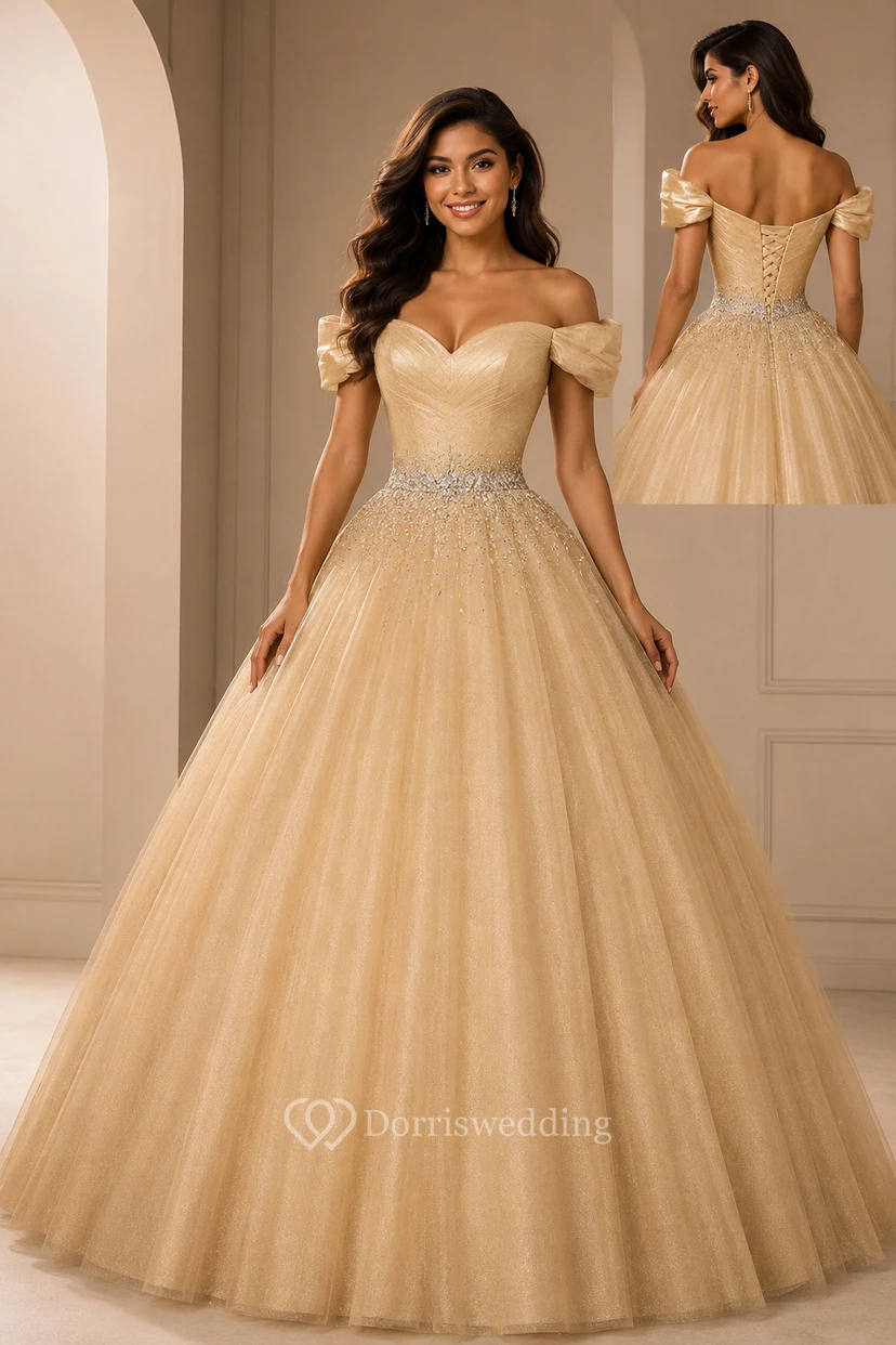 Ball Gown Maxi Off-The-Shoulder Sleeveless Bell Pleats Beading Corset Back Tulle Lace Dress view 7