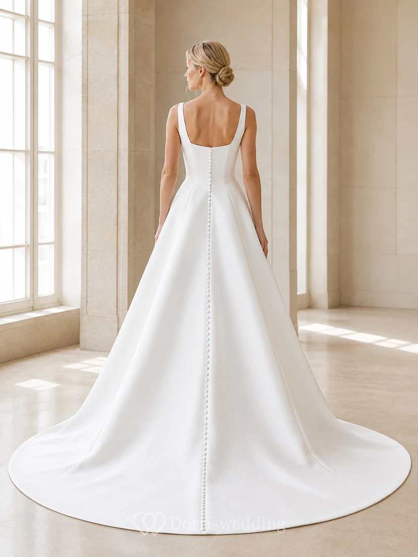 Robe de mariée sculpturale en satin, bretelles carrées, sans manches, coupe trapèze, traîne courte, plissée, style années 80 view 2