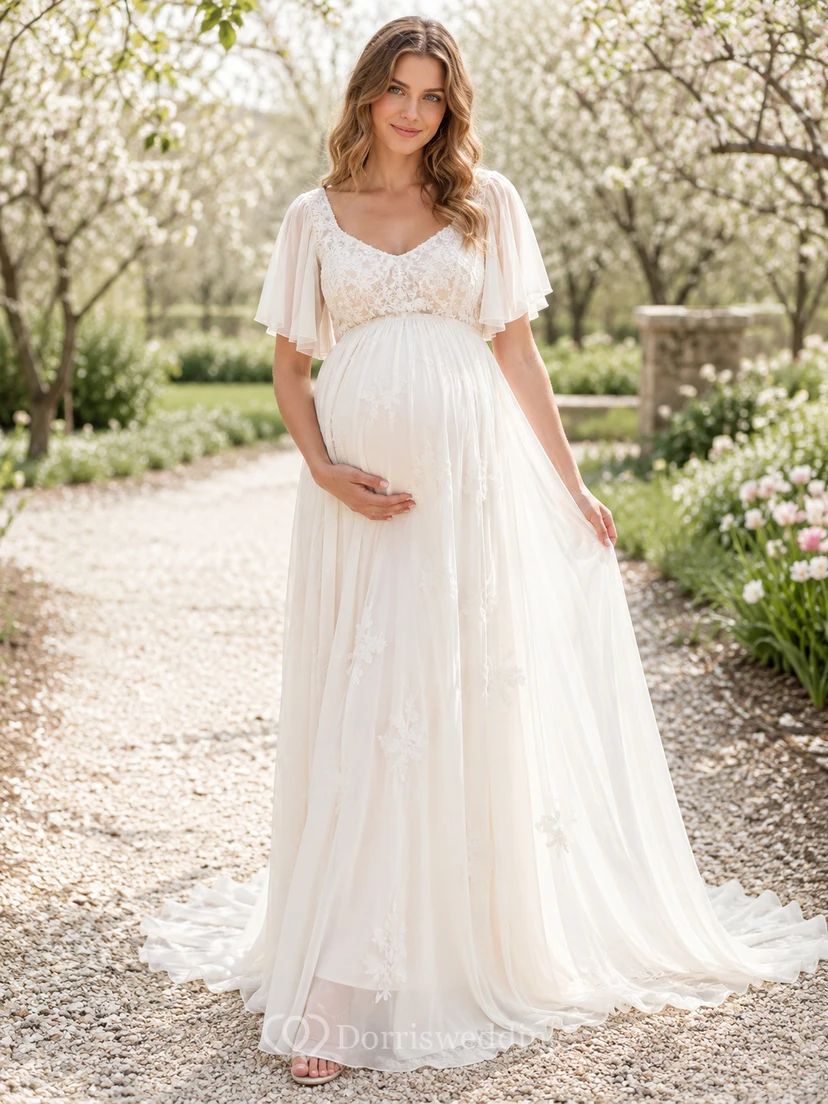 Vestido de novia de jardín con escote en V y mangas cortas de encaje para embarazadas