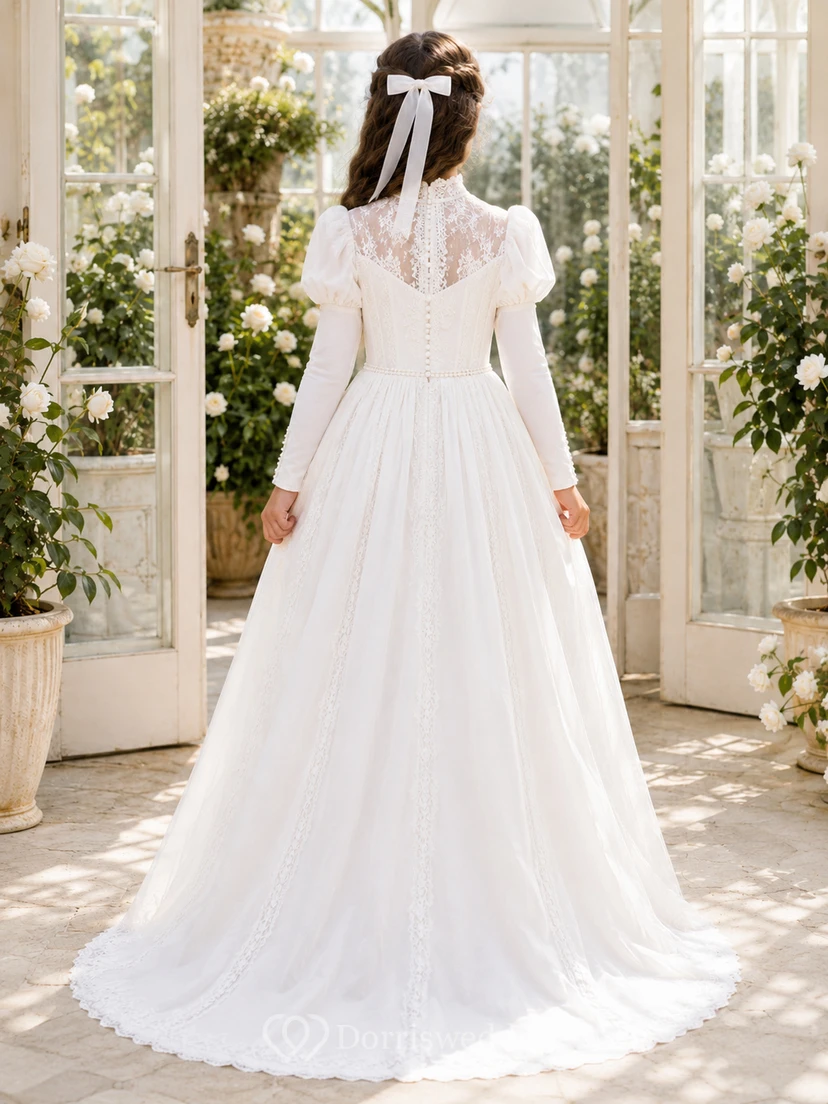 Edwardianisches Kommunionsballkleid mit Puffärmeln und langen Ärmeln aus Spitze view 2