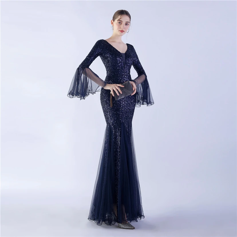 Vestido de noche con lentejuelas, bordado de malla encriptada, estilo artesanal de seda de pez y borde ondulado. view 13