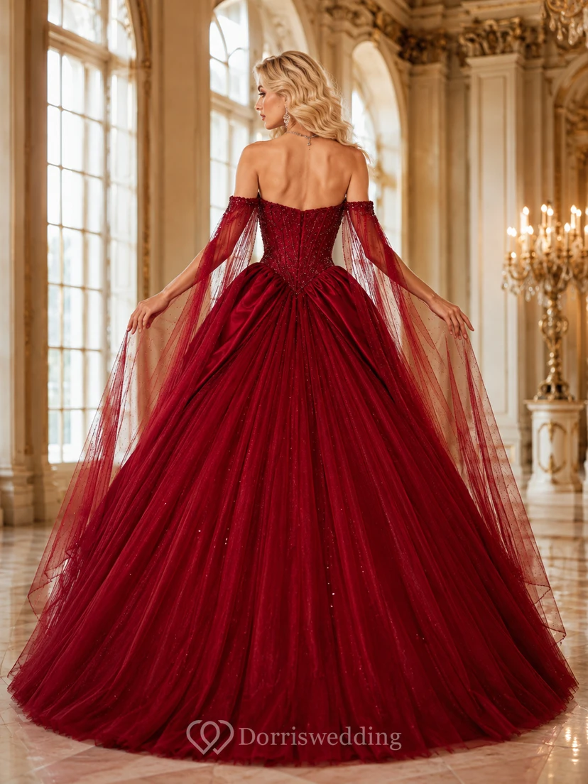 Fantasy Burgundy Strapless Sweetheart Draped Tulle Ball-Gown Backless Formal Prom Dress view 2