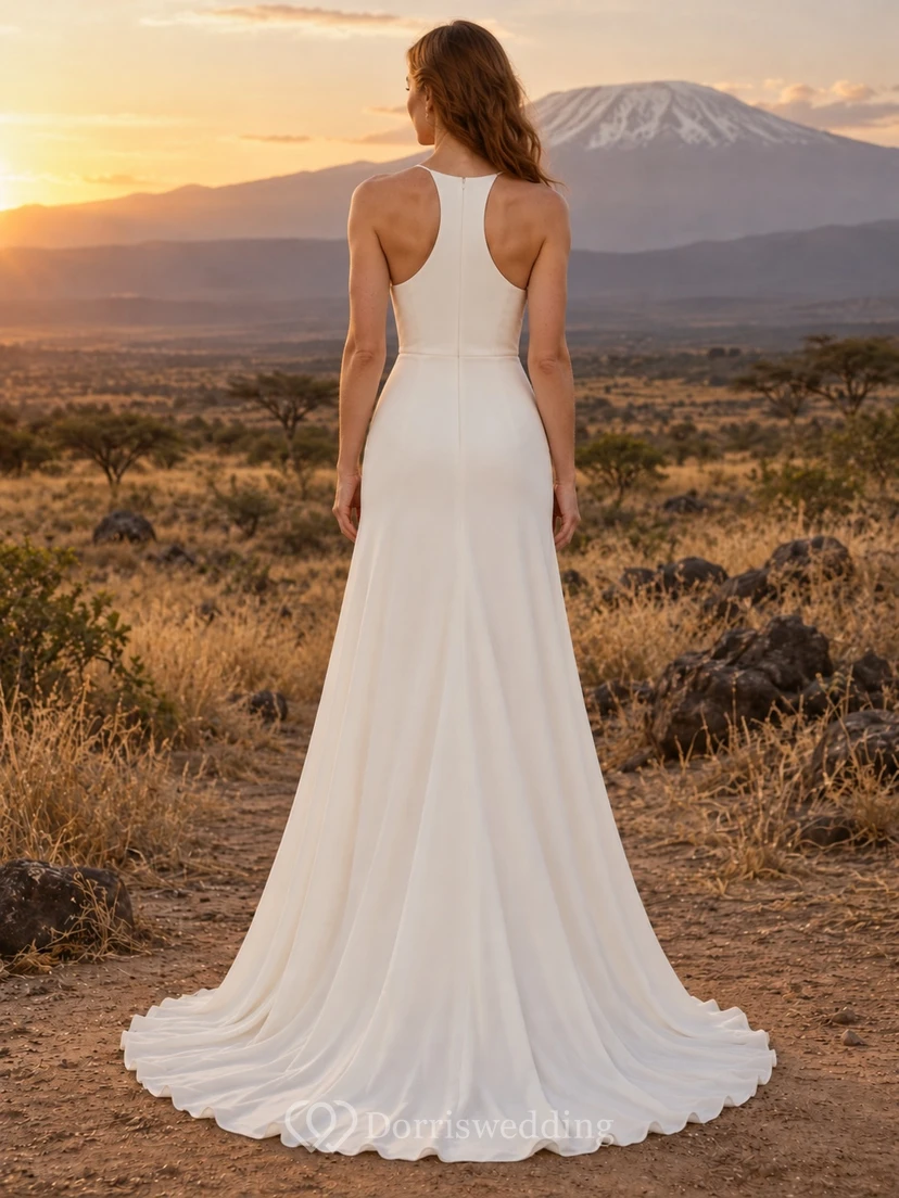 Vestido de novia sencillo de gasa sin mangas con escote joya y tirantes anchos en la espalda. view 2
