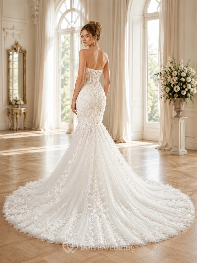 Trägerloses Brautkleid mit Herzausschnitt, Perlenstickerei, Meerjungfrauen-Stil, Reißverschluss und Kapellenschleppe view 2