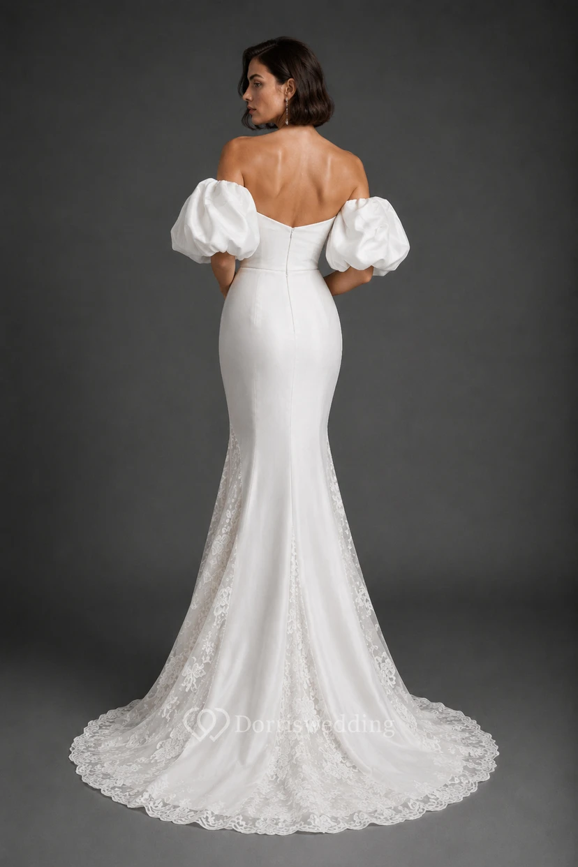 Robe de mariée sirène en satin avec épaules dénudées, manches bouffantes et traîne en dentelle view 2