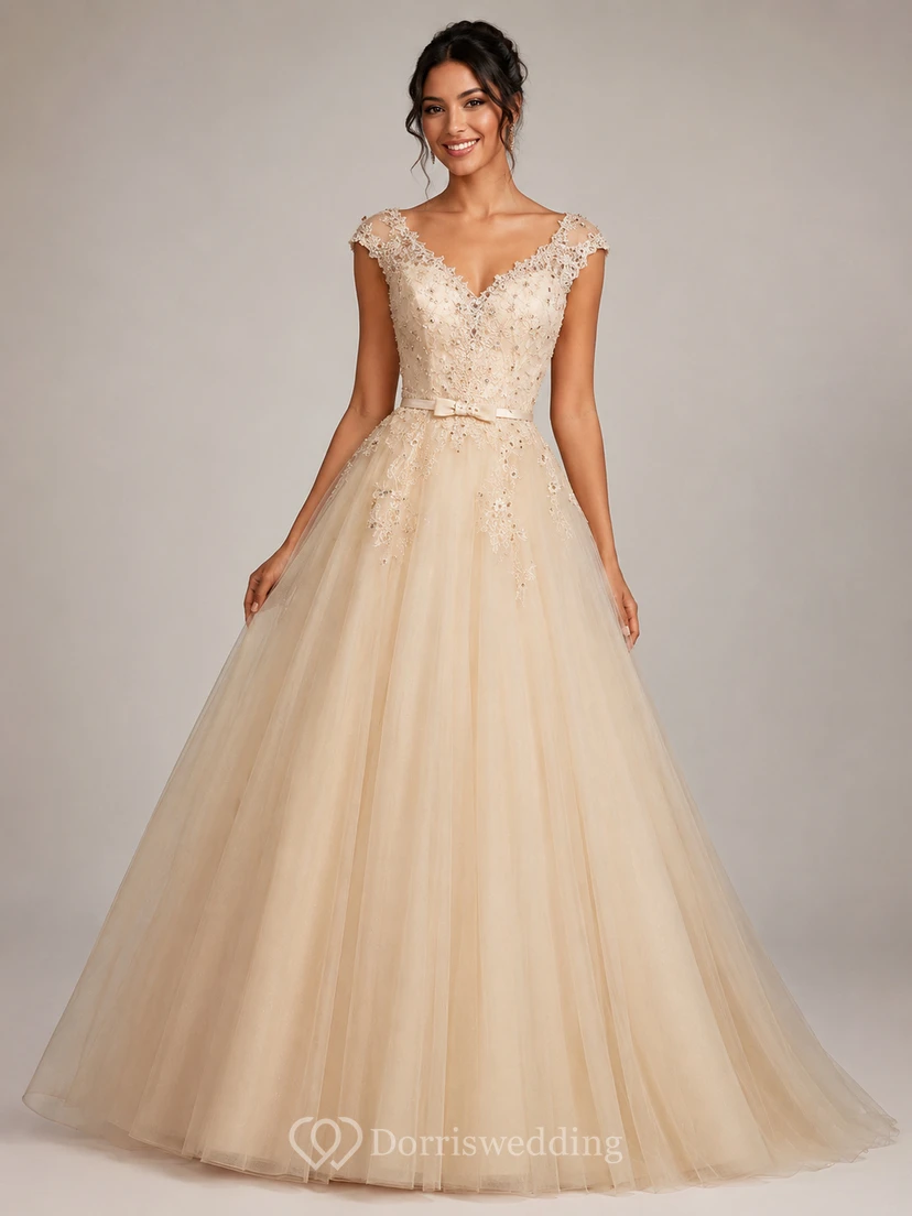 Ball Gown Floor-Length V-Neck Bell Cap Beading Flower Corset Back Tulle Lace Sequins Dress view 7