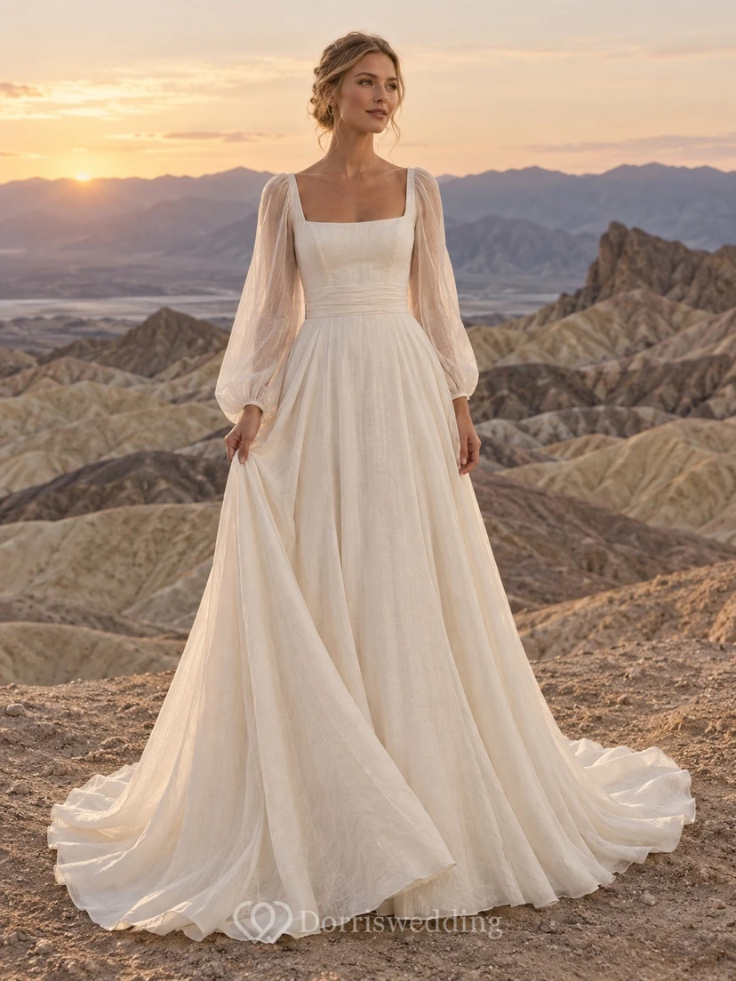 Vestido de novia sencillo de manga larga, cuello cuadrado, plisado, de lino y corte en A, largo hasta el suelo.
