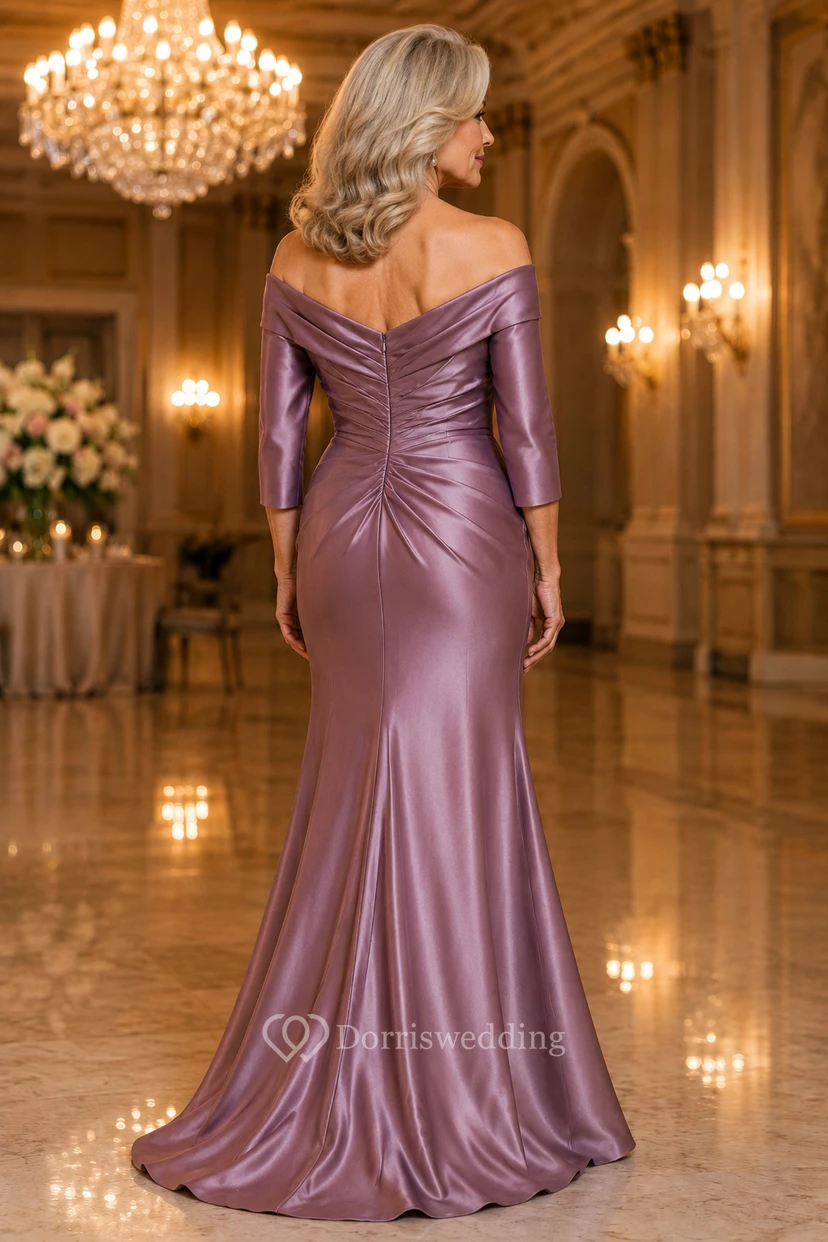 Mauvefarbenes schulterfreies Meerjungfrauen-Kleid aus Stretch-Satin für Mütter view 2