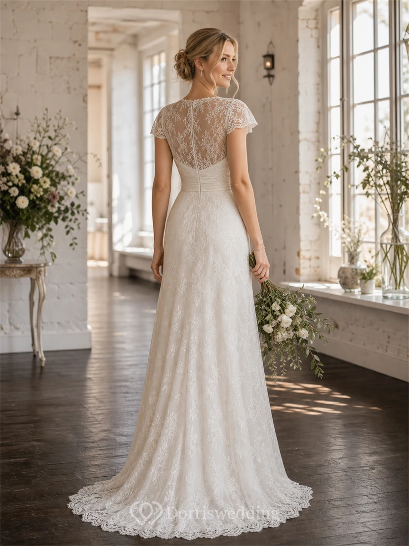 Casual Modest Lace Convertible Wrap Ivory Empire Vintage Vow Renewal Wedding Dress with Drapings view 2