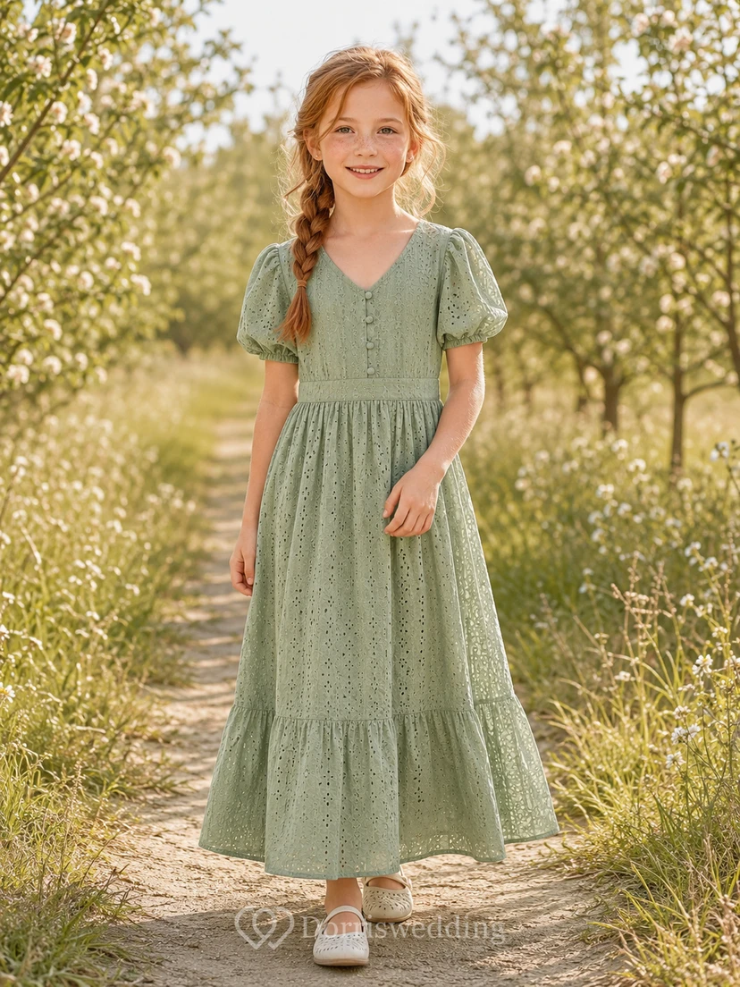Flower Girl Dress A-Line Sage Lightweight Breathable Chiffon Tiered Puff Sleeve