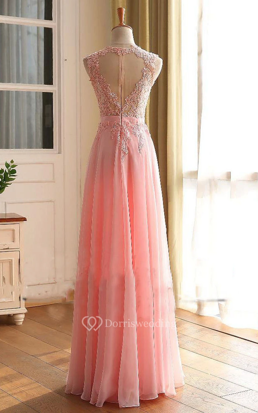 Vestido de gasa con encaje, sin mangas y con cremallera en la espalda, corte en A. view 2