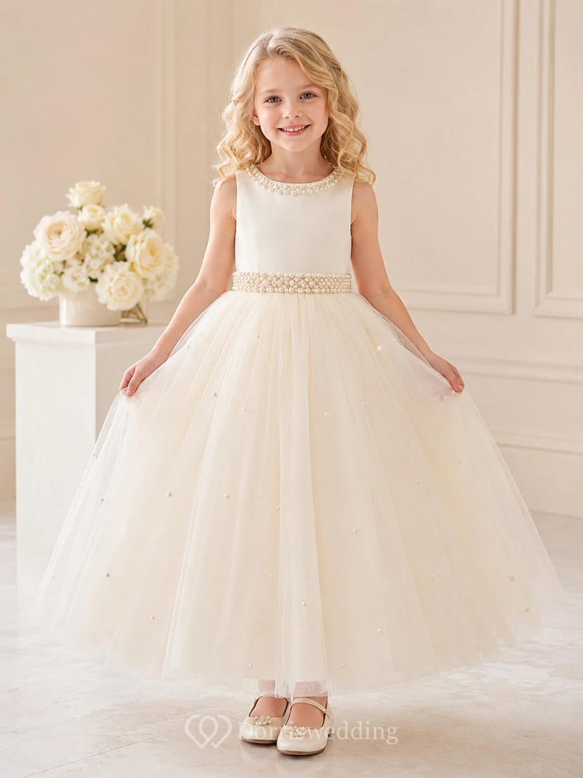 Vestido de niña de las flores, color marfil, tul, corte en A, escote redondo, largo midi, detalle de fajín.