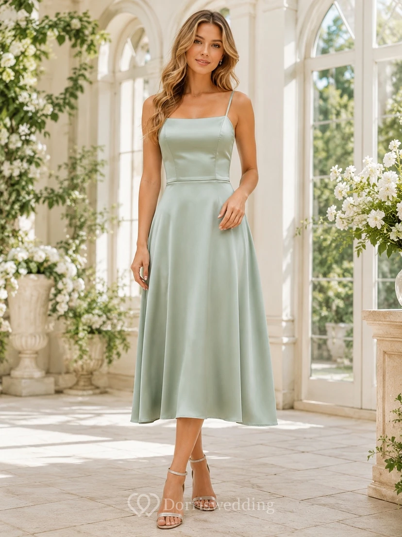 Tea-length A-Line Spaghetti Celadon Satin Bridesmaid Guest Dress