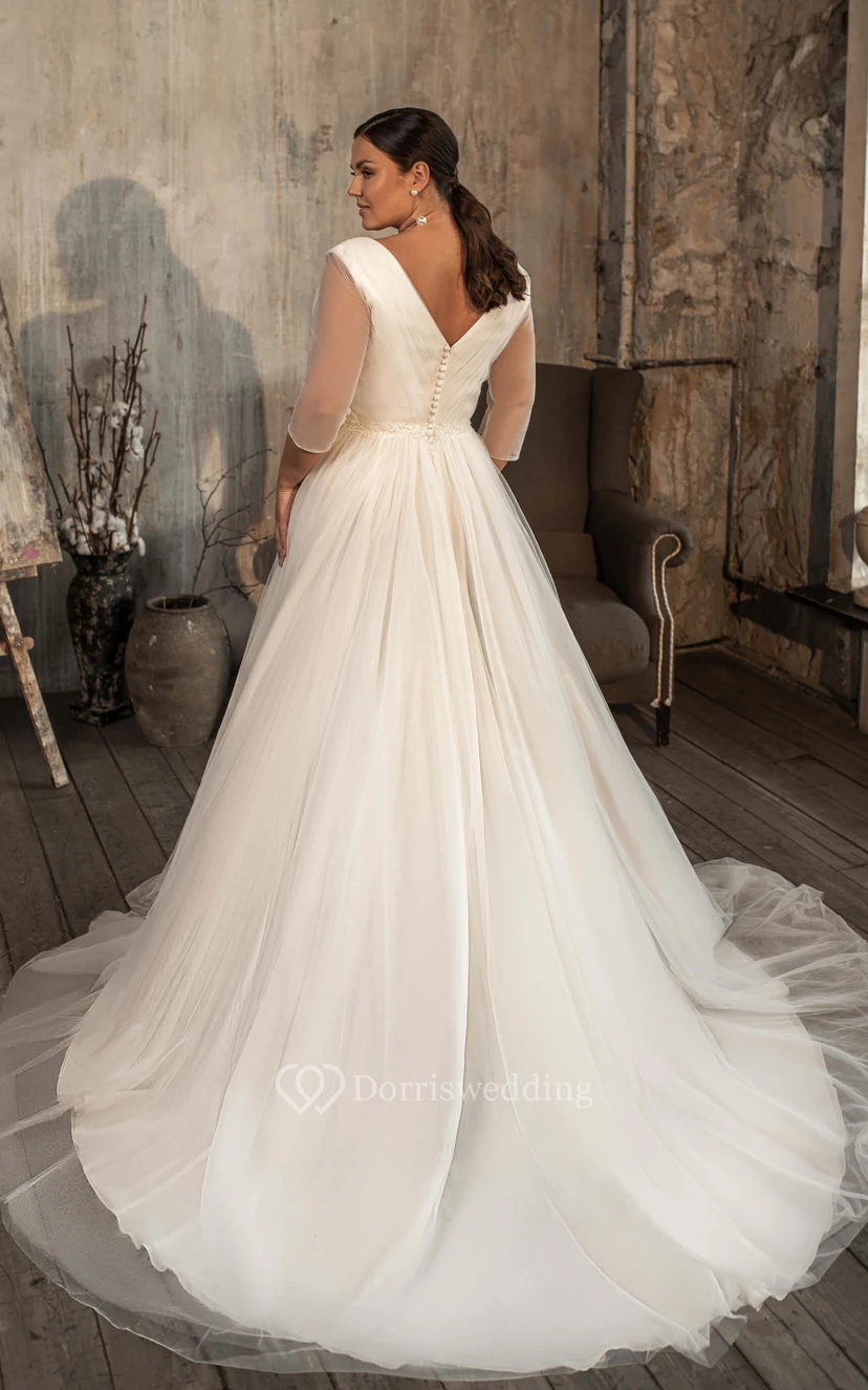 Charming A Line V-neck Tulle Court Train Wedding Dress with Ruching view 2