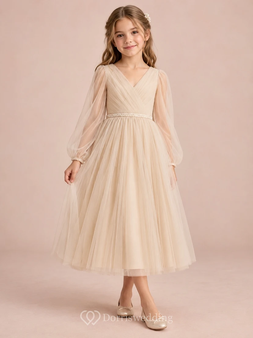 Long Sleeve Champagne V-neck Pleated A-Line Tea-length Tulle Pearl Waist Illusion Flowergirl Dress