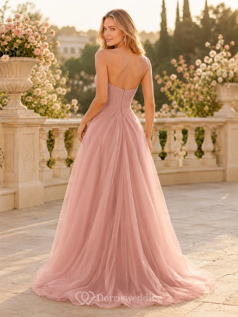 Rosafarbenes, trägerloses A-Linien-Kleid aus Organza mit Schlitz view 2