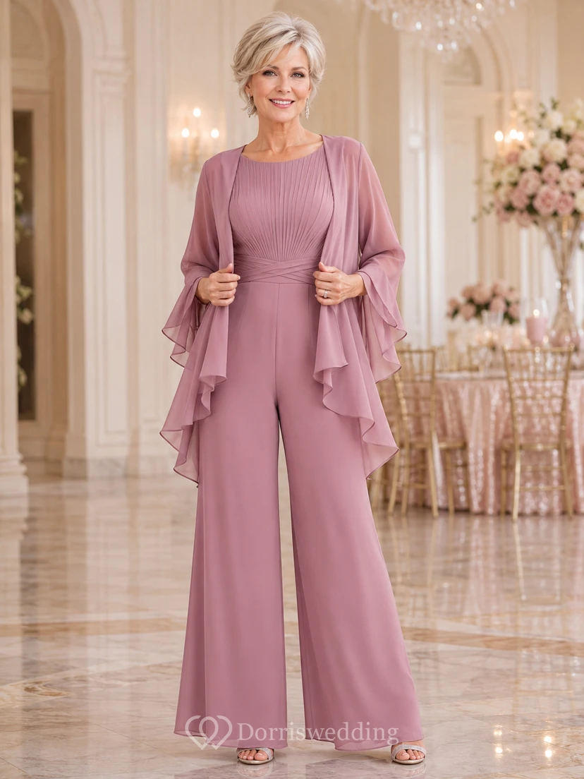 Dusty Rose Mother Jumpsuit with Jewel Neck Pleated Bodice Cape and Wide Leg Pants