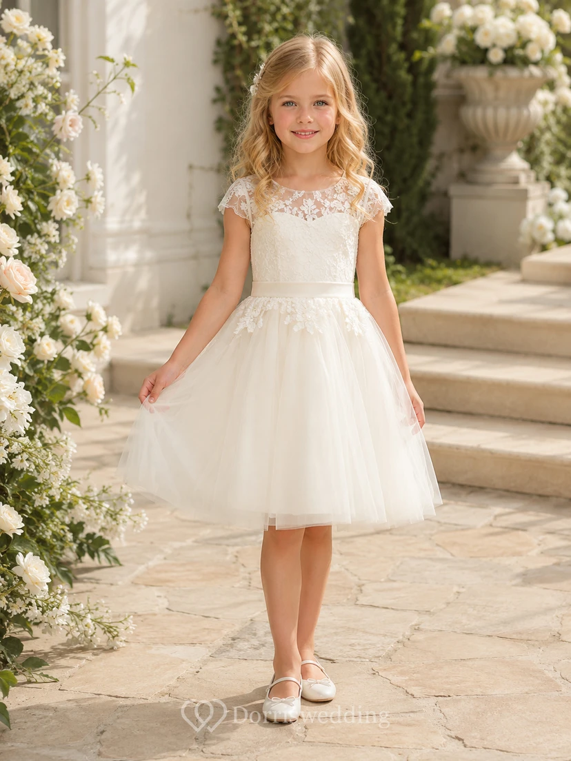 Vestido de novia modesto de corte A hasta la rodilla para niña de las flores, con mangas cortas de encaje y tul, estilo damita de honor, ideal para bodas en el jardín.
