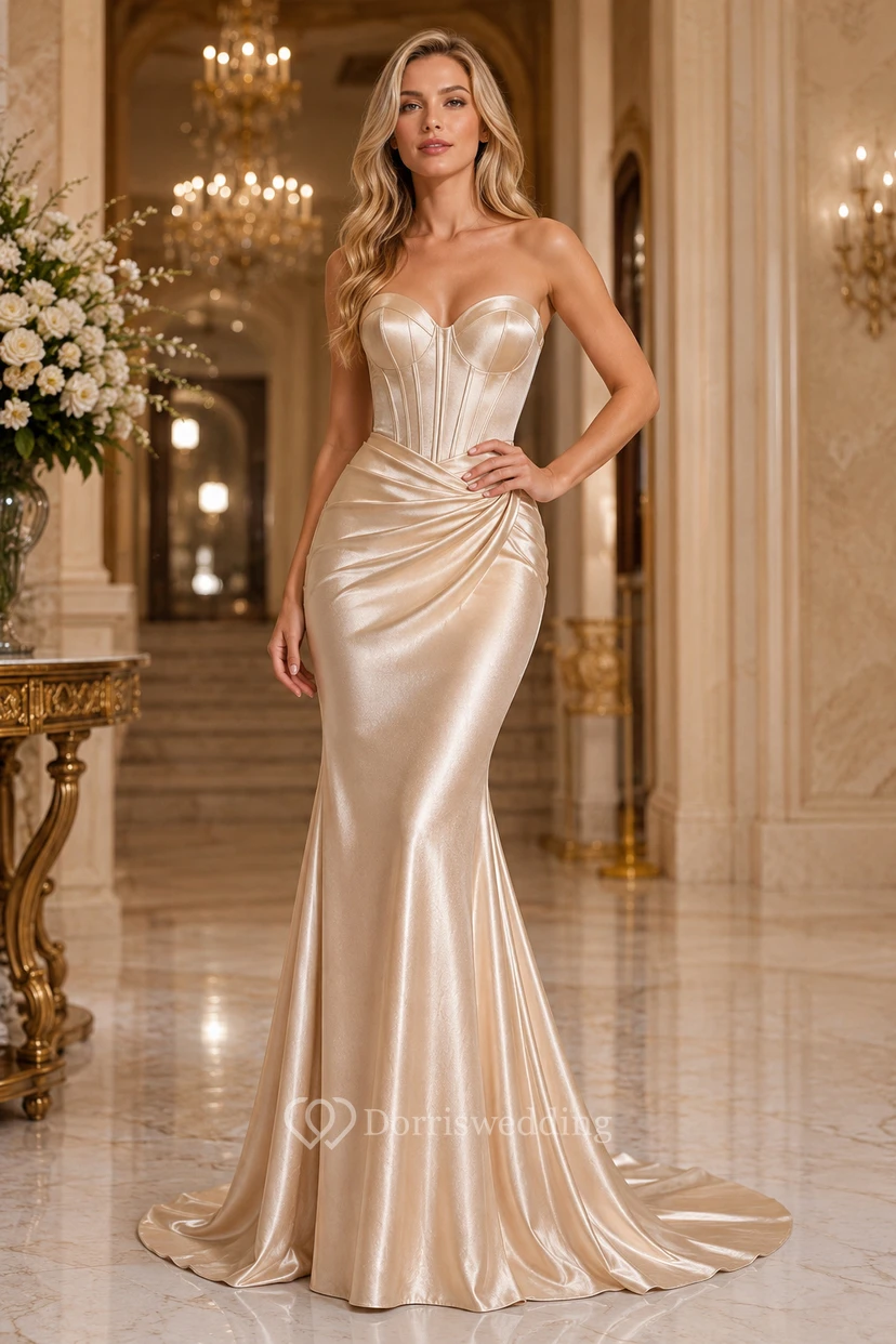 Vestido formal de sirena de satén sin tirantes color champán