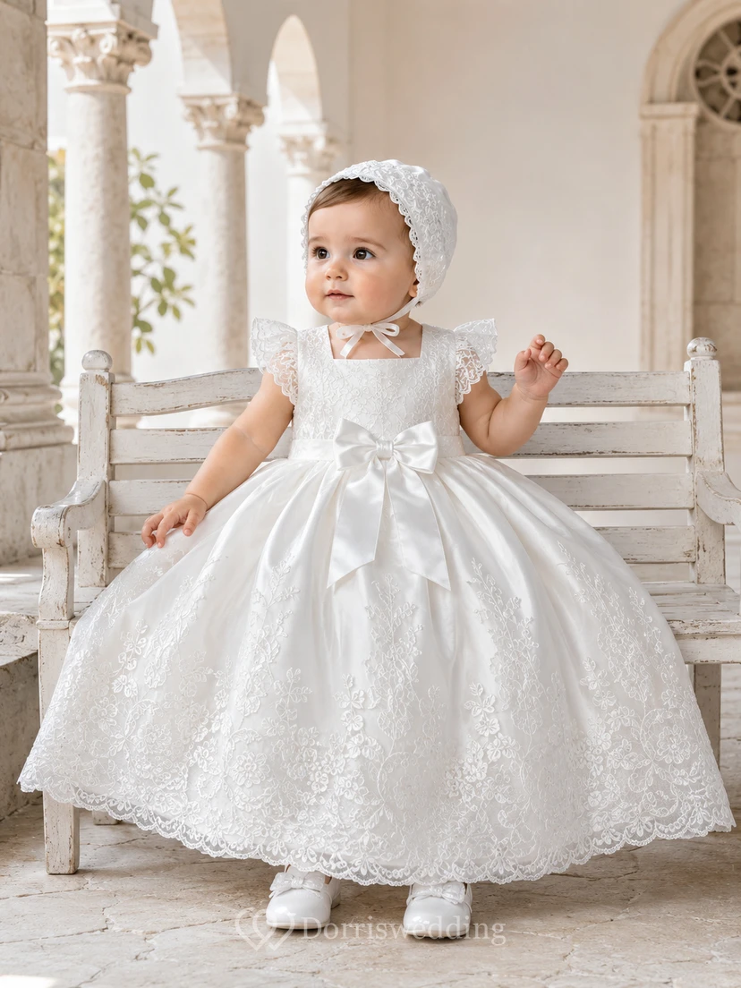 Luxury Baby Christening A-Line Short Sleeve Satin Lace Dress