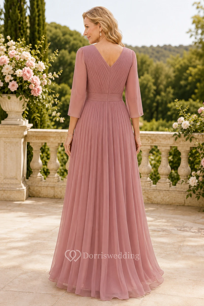 MOB-Kleid, altrosa Tüll, A-Linie, 3/4-Ärmel, V-Ausschnitt, bodenlang, plissiert view 2