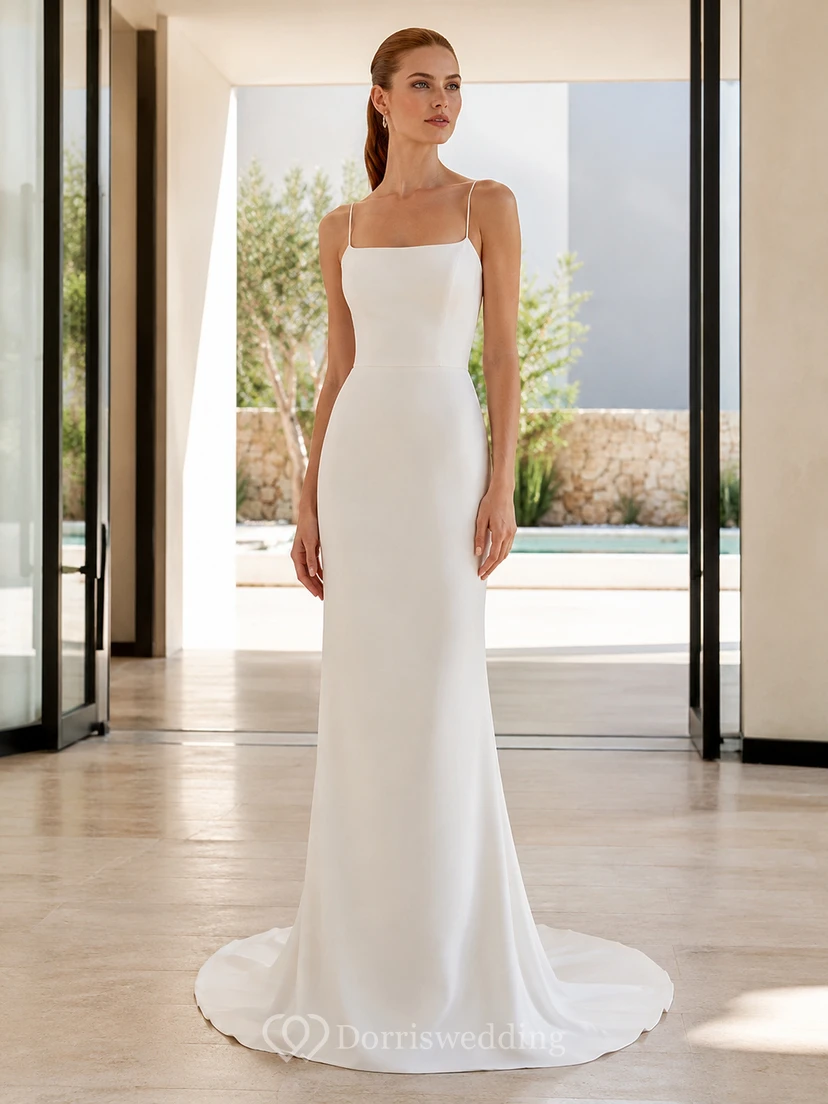 Spaghetti Strap Crepe Minimalist Villa Bridal Sheath Gown
