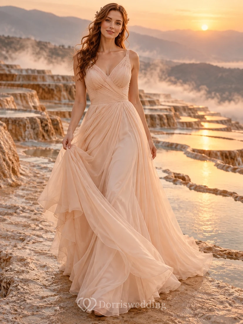 Vestido de novia sencillo de gasa plisada con escote en V color rosa empolvado y corte en A