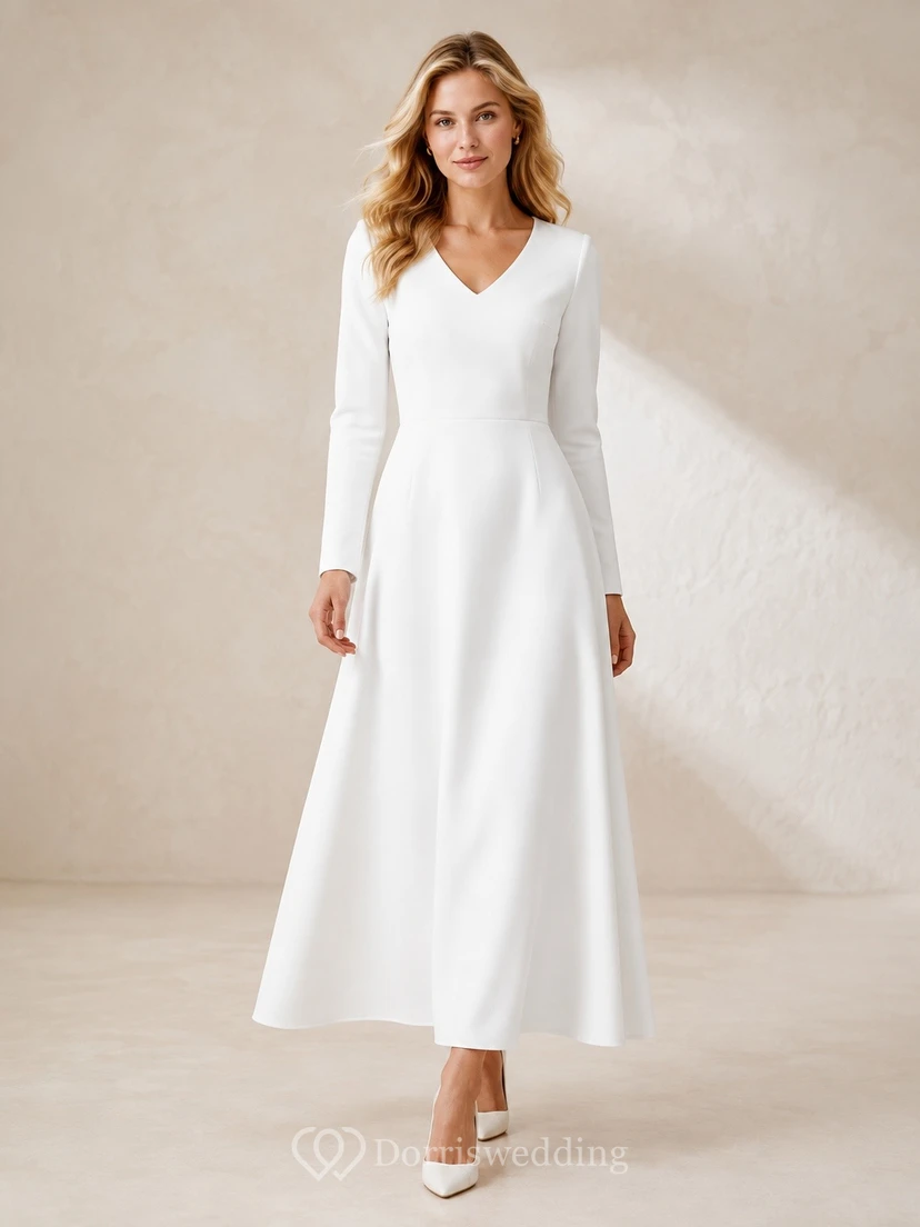 Vestido formal de satén de manga larga, escote en V sencillo, corte en A y largo hasta los tobillos.