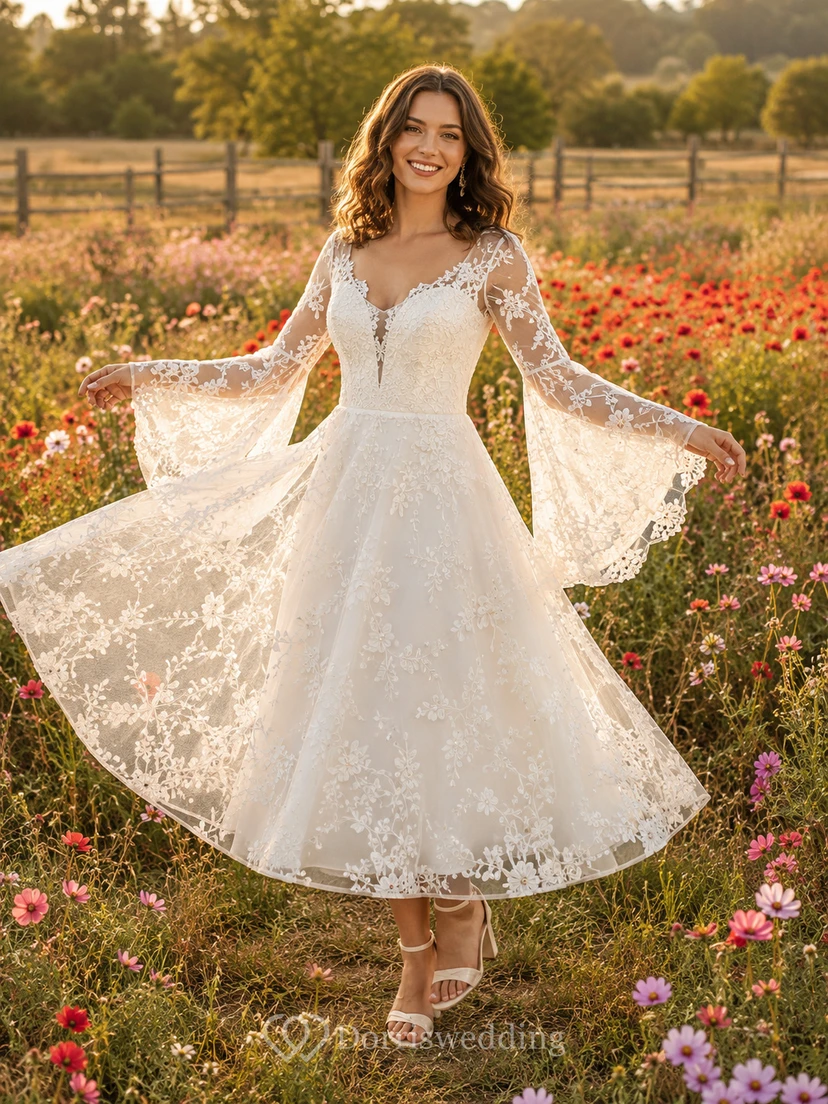 Boho Scalloped Lace Bell Sleeve Tea Length Country Wedding Dress