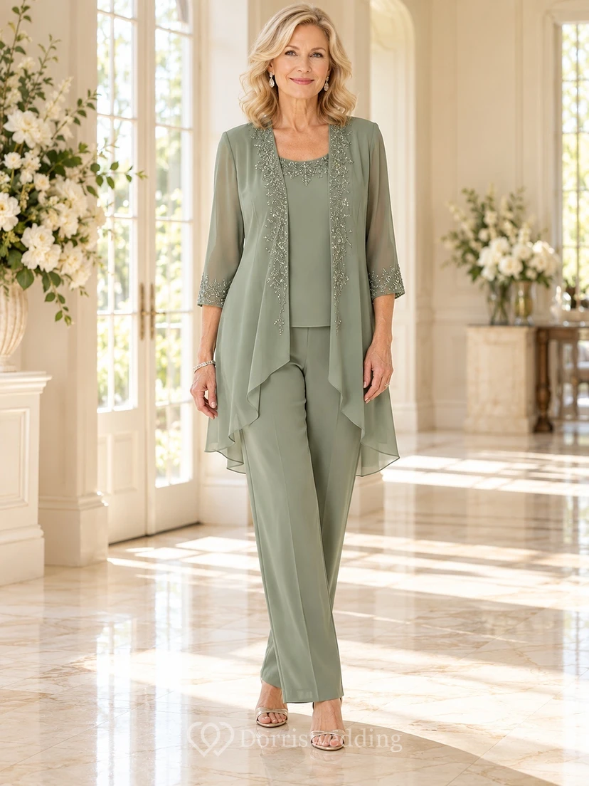 Modest Sage Beaded Three-quarter Sleeve Waterfall Mother Wedding Pantsuit