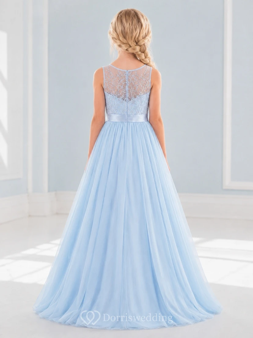 Sky Blue Lace Cap Sleeve A Line Floor Length Flowergirl Dress view 2