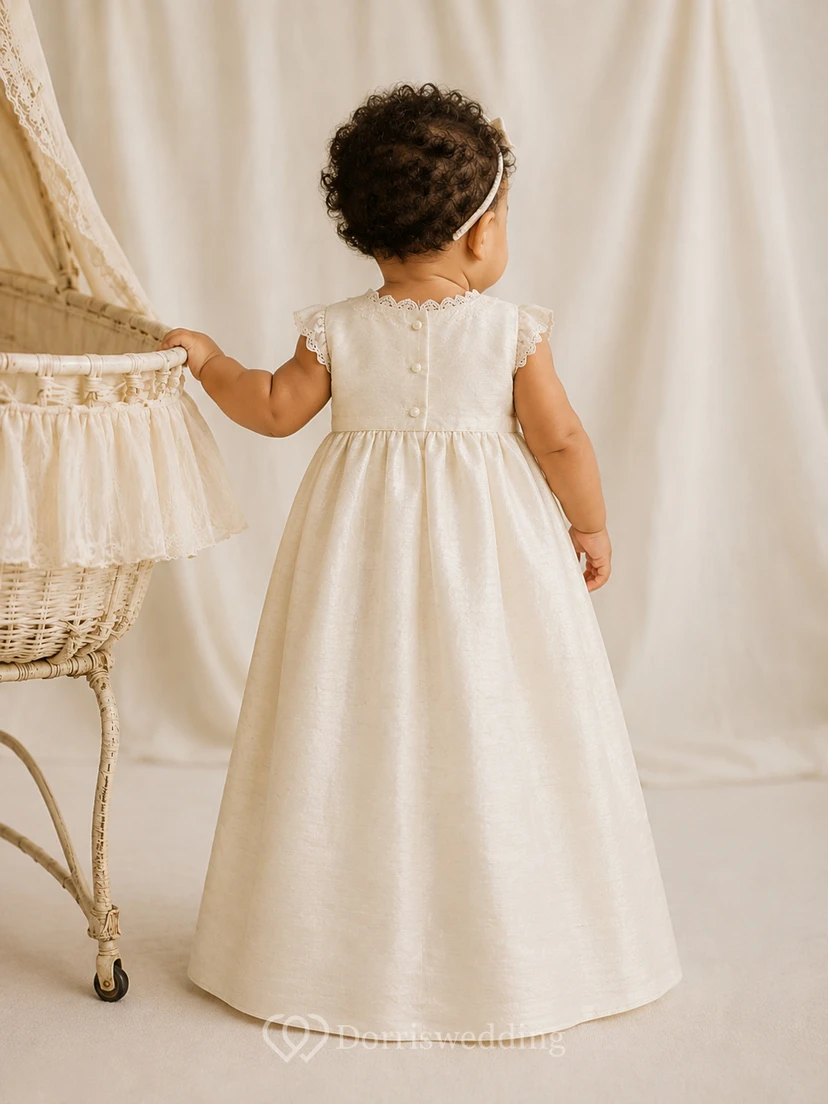 Ärmelloses Taufkleid aus Dupionseide, A-Linie, bodenlang, schlicht, elegant, bezaubernd, mit Schmuckknöpfen und Falten view 2