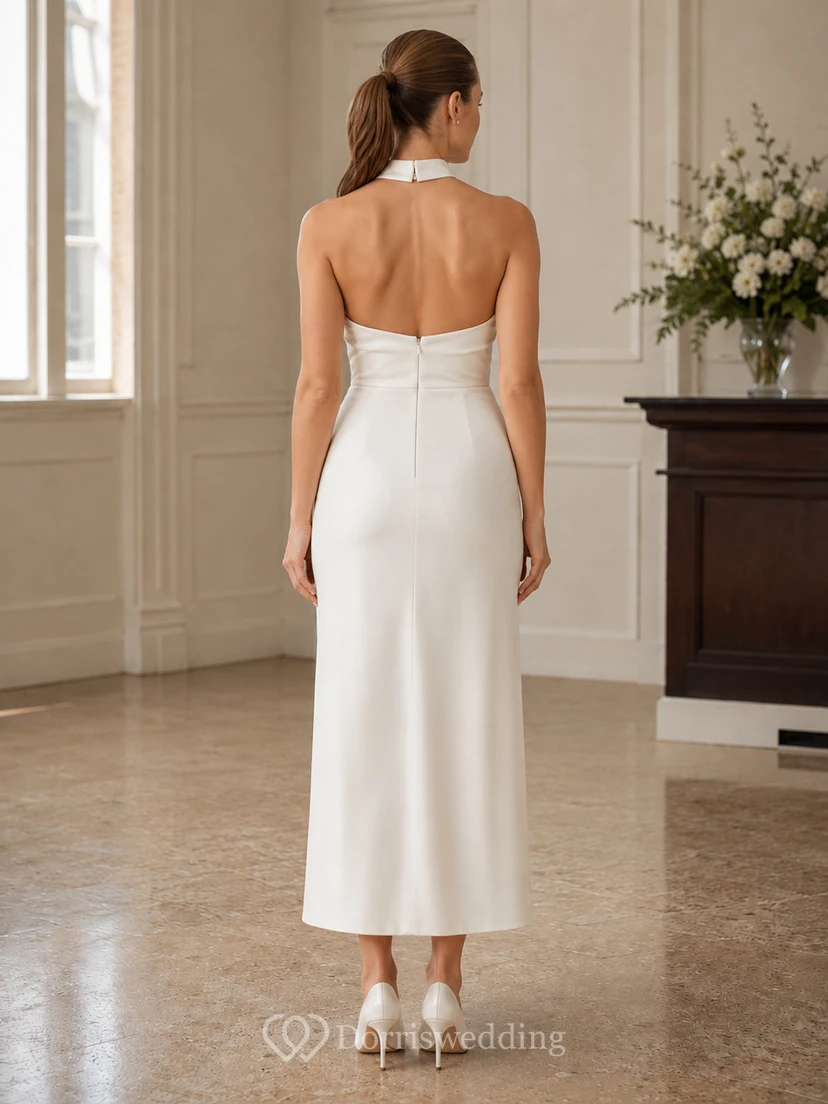 Minimalist Satin Wedding Dress Sheath Halter Sleeveless Knee Length Open Back Bridal Gown view 2