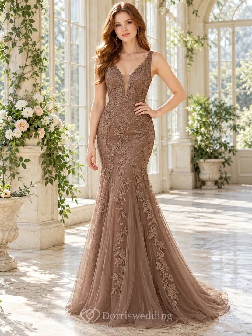 Vestido de dama de honor estilo occidental color topo con escote en V, sin mangas, encaje y cola de sirena