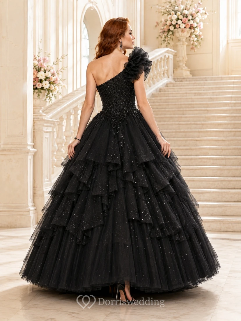 Black Ruffled Sequined One-Shoulder Ball-Gown Floor-Length Tulle Dramatic Quinceanera Gown view 2
