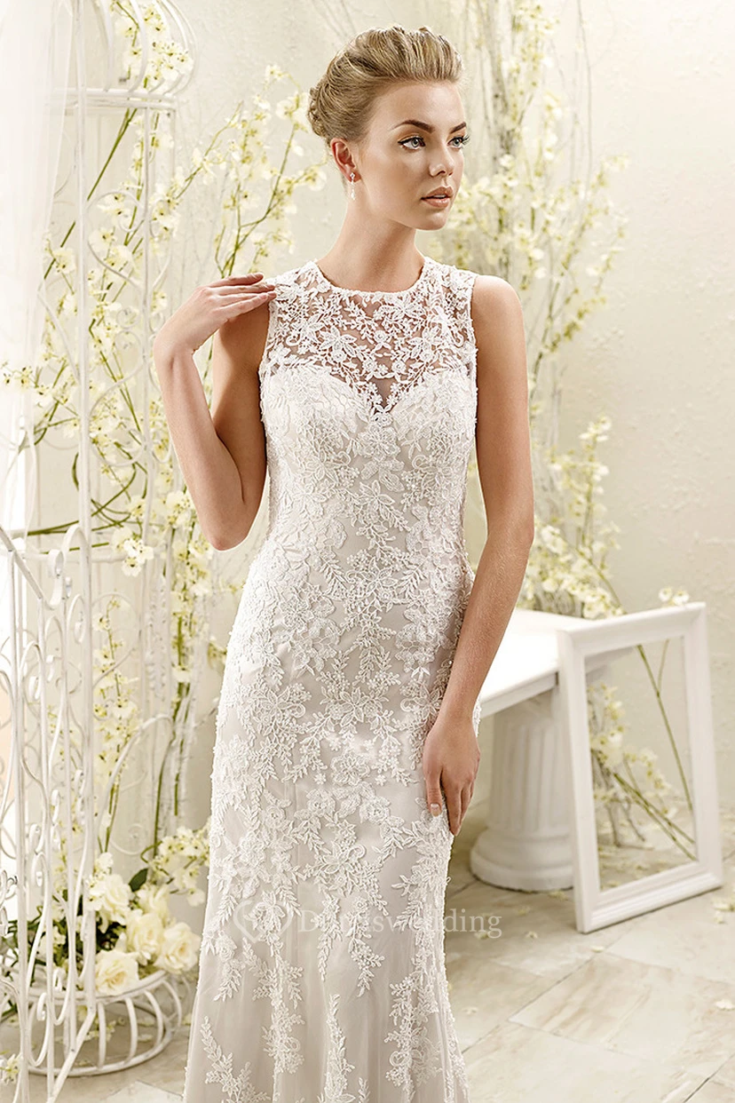 Sheath Long-Sleeveless High Neck Lace Wedding Dress With Appliques And Illusion view 3