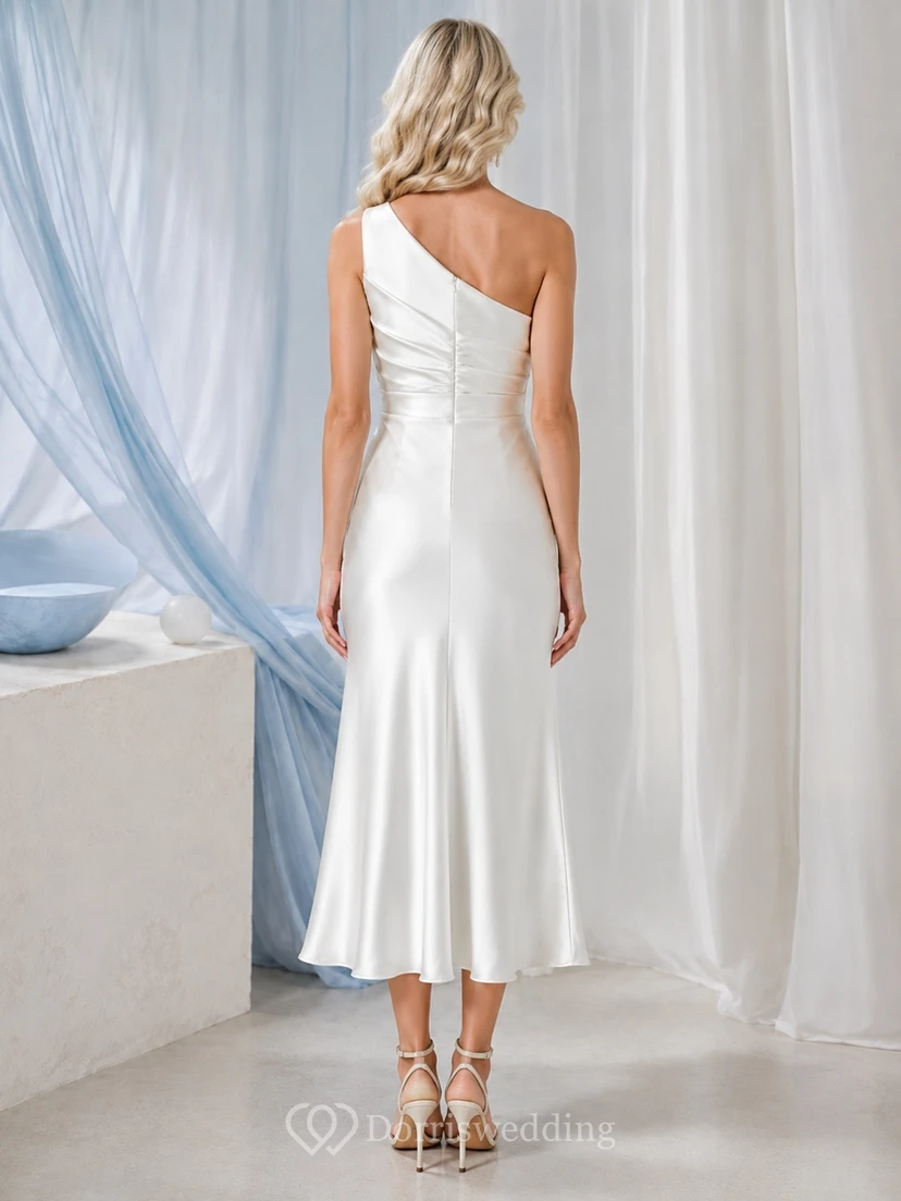 White One-Shoulder Draped Satin Sheath Tea-Length Formal Dress view 2