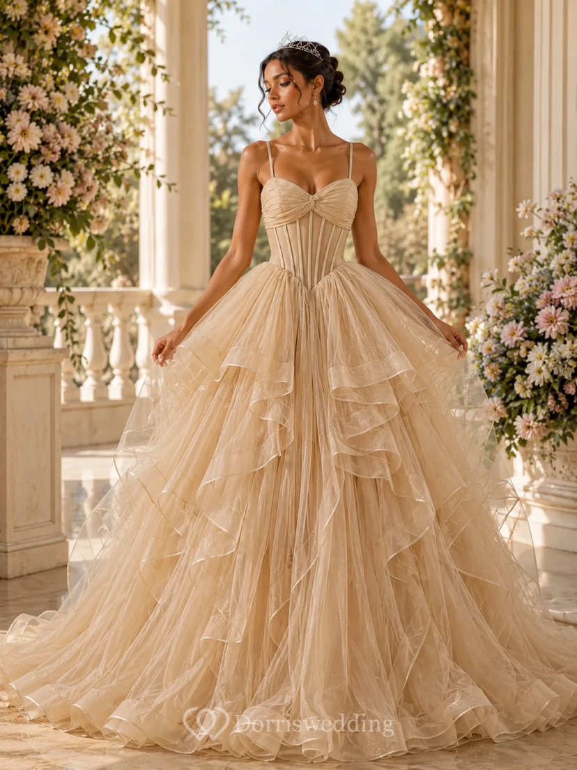 Tüll-Abendkleid in zartem Rosa, Spaghettiträger, bodenlanges Ballkleid mit Herzausschnitt, Stufen und Rüschen view 7