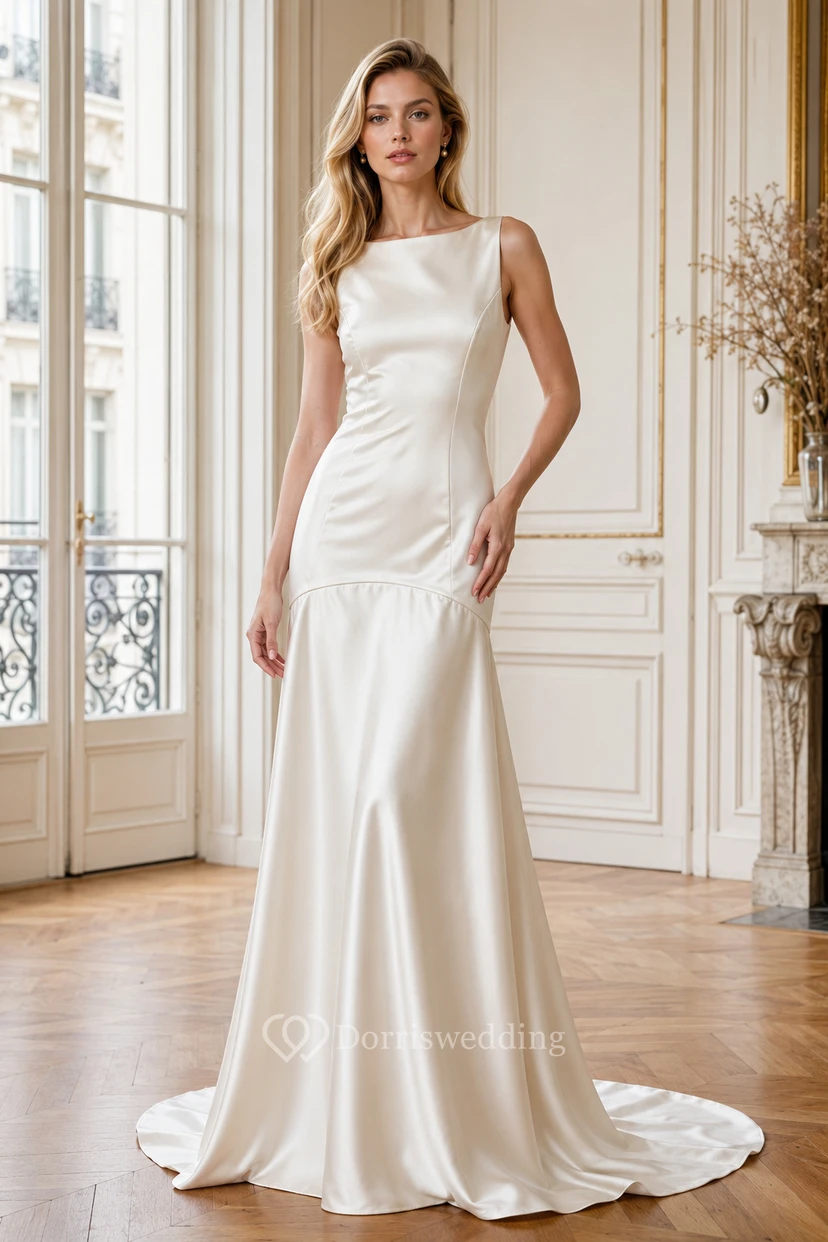 Abendkleid im Meerjungfrauenstil aus Satin mit U-Boot-Ausschnitt und tiefer Taille