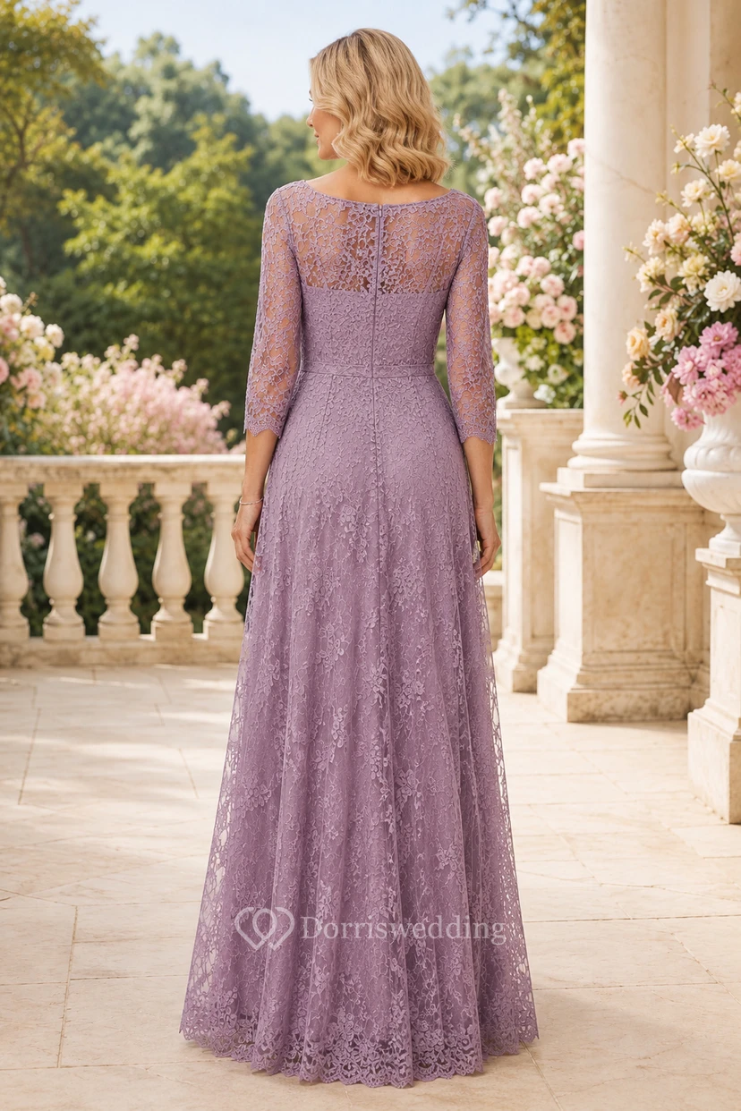 Lavendelfarbenes, langärmeliges A-Linien-Spitzenkleid für Mütter view 2