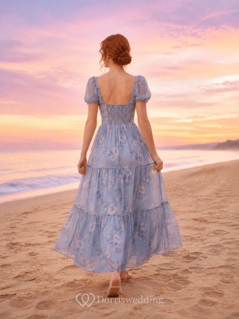 Dusty Rose Sunset Beach Wedding Guest Dress A-Line Chiffon Tulle Square Neck Short Sleeve Tea-Length Tiered Floral view 2
