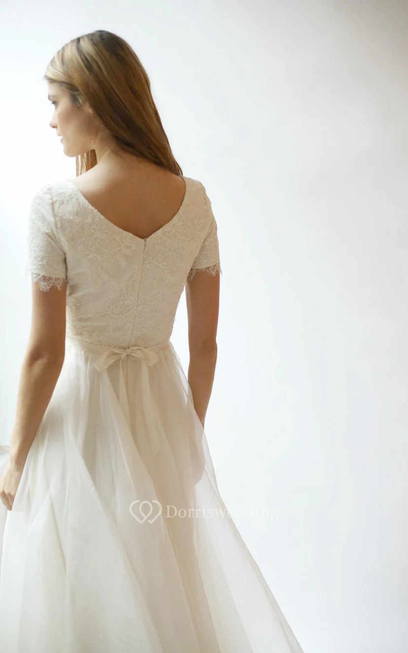 Short Sleeve V-Neck A-Line Lace and Tulle Dress With Pleats view 2