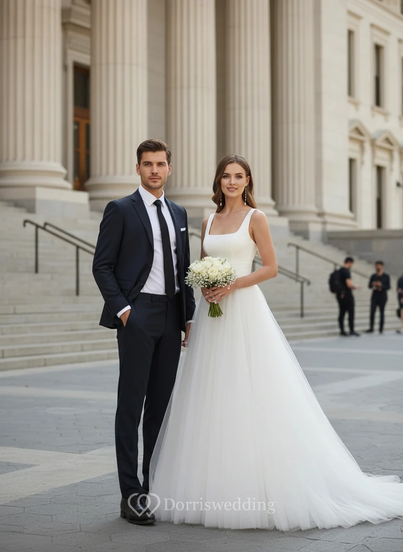 Schlichtes Ballkleid-Hochzeitskleid mit weitem Rock view 3