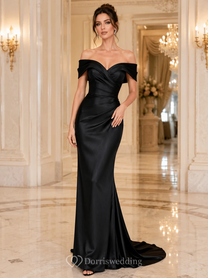 Black Off Shoulder Sweetheart Satin Mermaid Sweep Train Formal Guest Gown