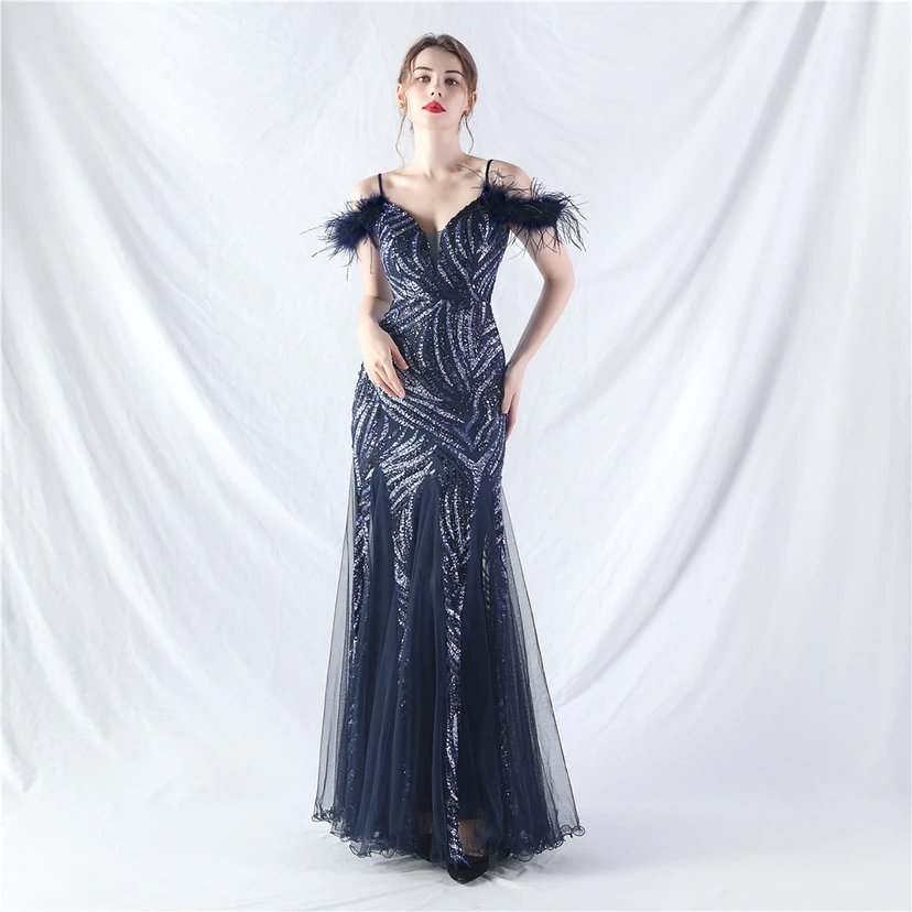 Crafted Ostrich Feather Stacked Sequins Splicing Mesh Gauze High-End Evening Dress Clothes view 42