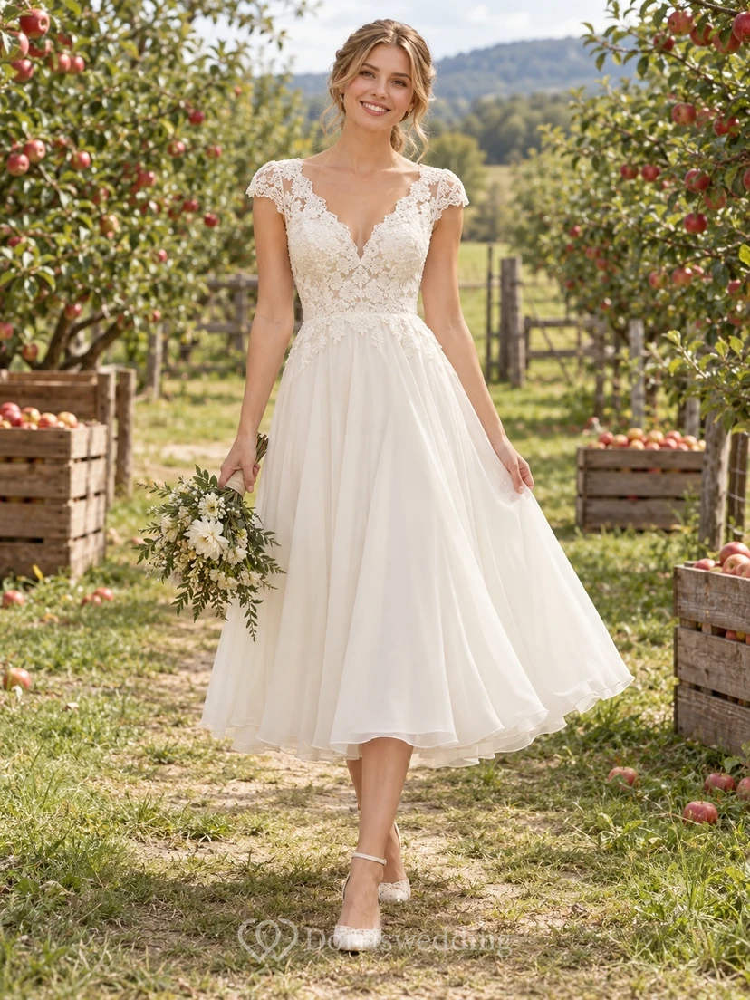 Tea-length Country V-neck Cap Sleeve Lace Chiffon A-line Wedding Dress