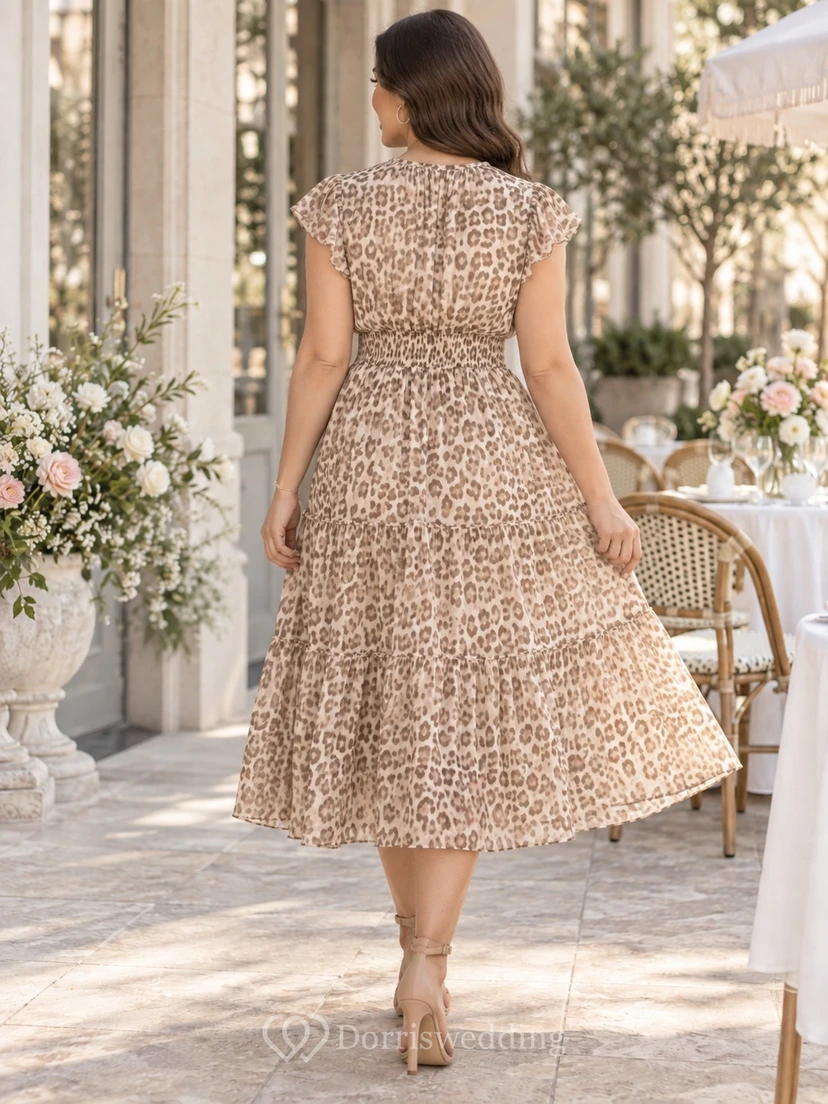 Vestido de fiesta de gasa marrón con estampado de leopardo, corte en A, cuello joya, manga corta y largo hasta la rodilla. view 2