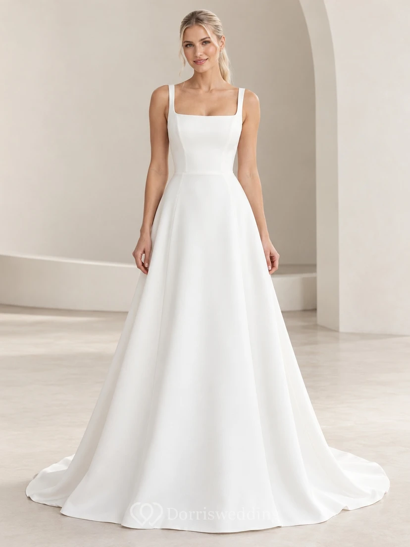 Simple Square Neck Satin Broad Strap A-line Train Wedding Dress