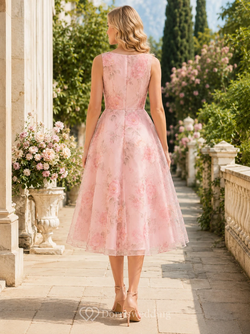 Pink floral organza square neck tea length garden guest dress view 2